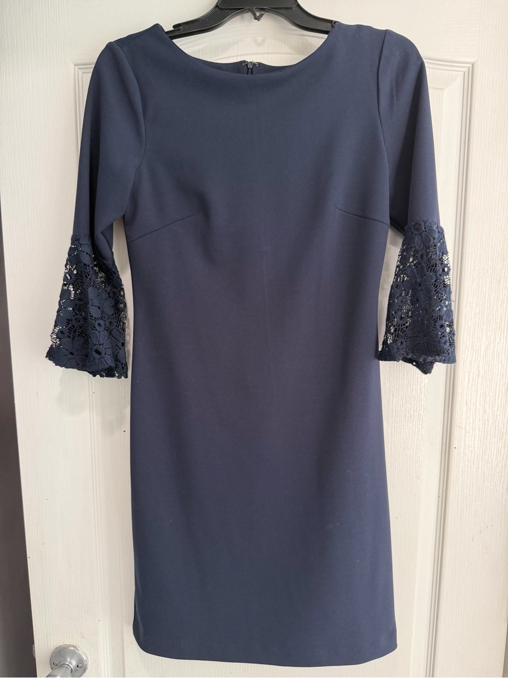 Sharagano Navy Sheath Dress with Lace Bell Sleeves
